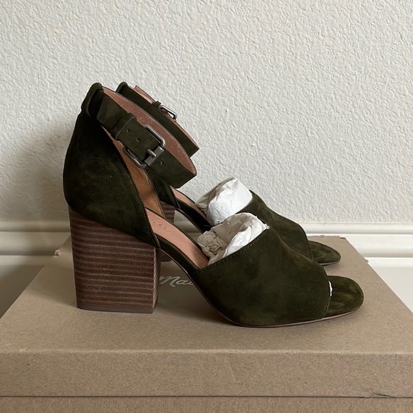 Madewell Green Suede Ankle Strap Open Toe Block Heels - Picture 1 of 7